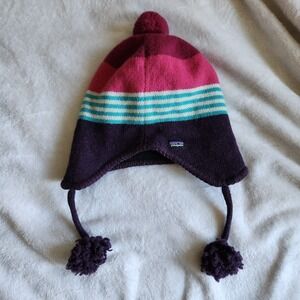 Patagonia Tassel Beanie Pom Top Striped Wool Fleece Lined Pink Blue